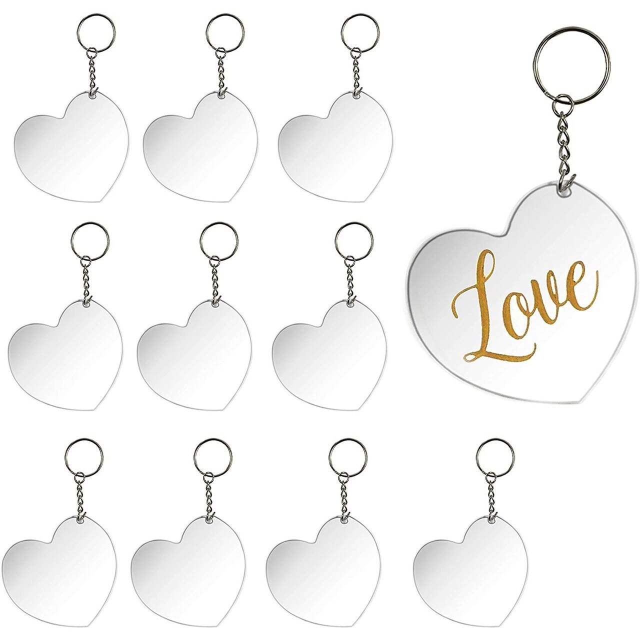 Bright Creations 10 Pack Acrylic Keychain Blanks with Metal Rings for DIY Crafts, Sublimation Keychain Blanks, Valentine’s Day Heart Shaped Transparent Tags, Personalized Wedding Favors (3x2.75 In)